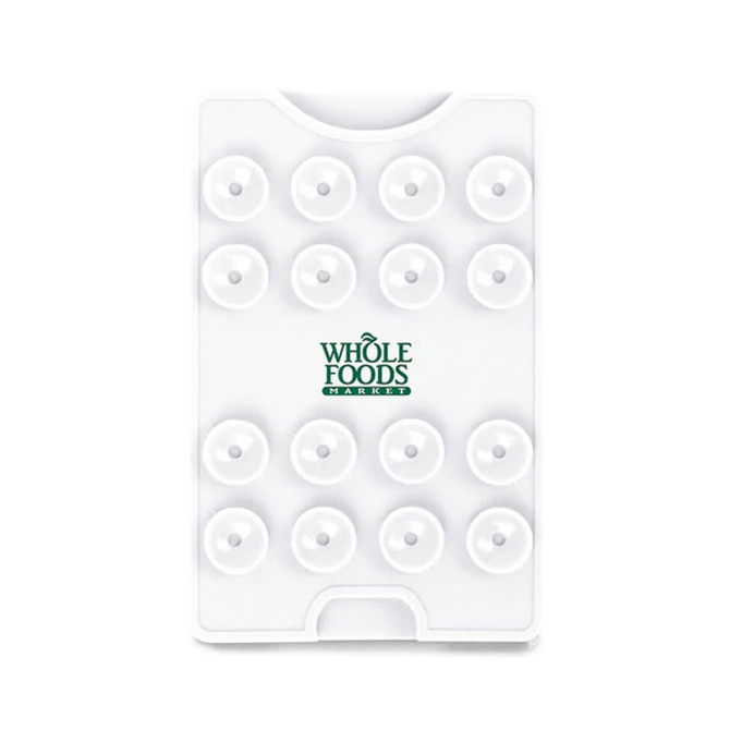 A white suction phone wallet featuring multiple suction cups and a logo.