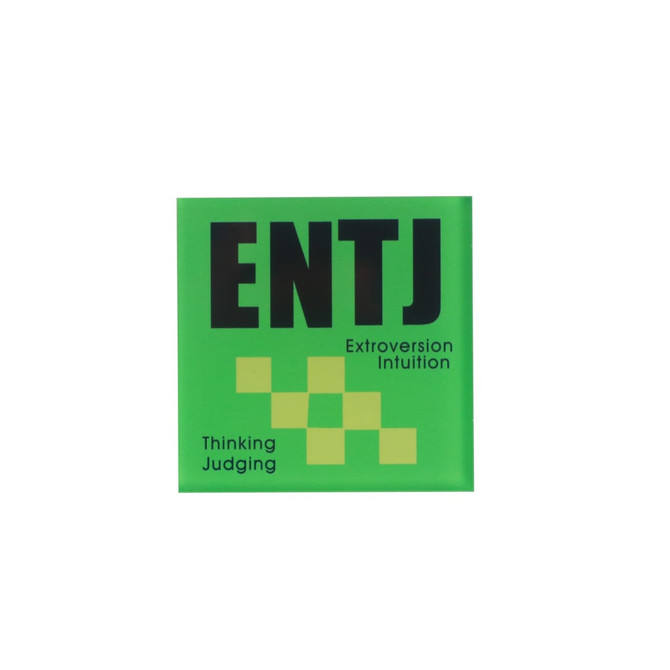 Acrylic fridge magnet in green, featuring the letters "ENTJ" and keywords like "Extroversion," "Intuition," and "Judging."