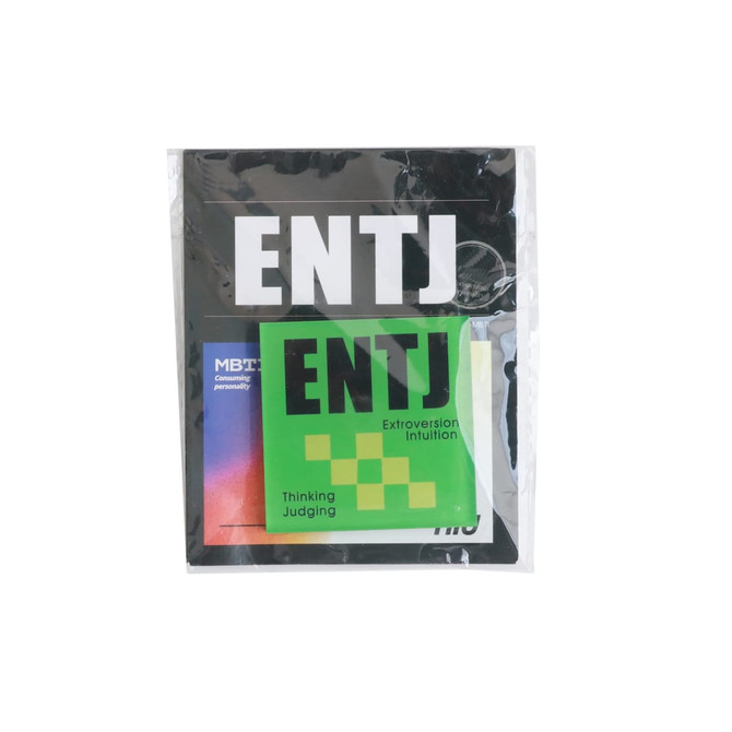 A green and black package containing personality type cards, featuring the letters "ENTJ" and a logo.