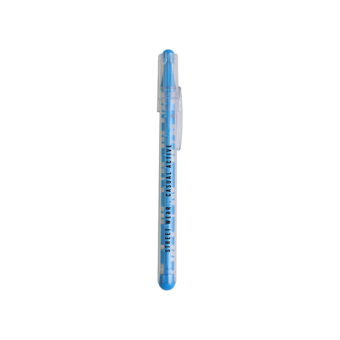 A blue Puzzle Maze Pen with a transparent barrel and a clip, featuring a logo on the side.