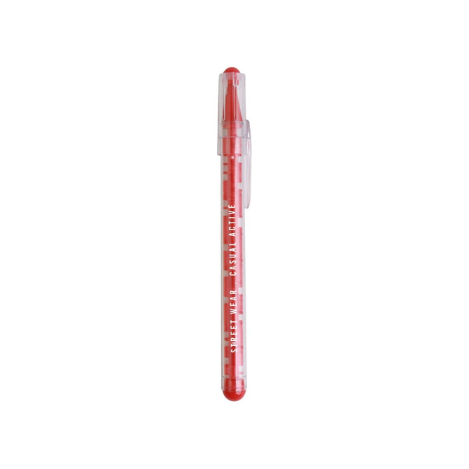 A transparent pen featuring a red maze design and a red ballpoint tip. The pen has a clip and a branding logo.