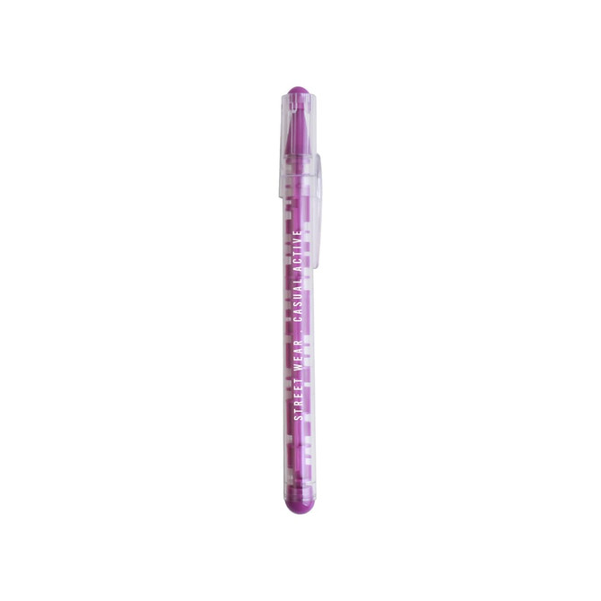 A purple Puzzle Maze Pen with a clear clip, featuring a geometric design and a branding logo.