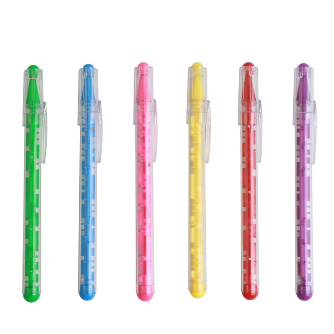 A collection of six Puzzle Maze Pens in green, blue, pink, yellow, red, and purple, each with a clear barrel and a logo.