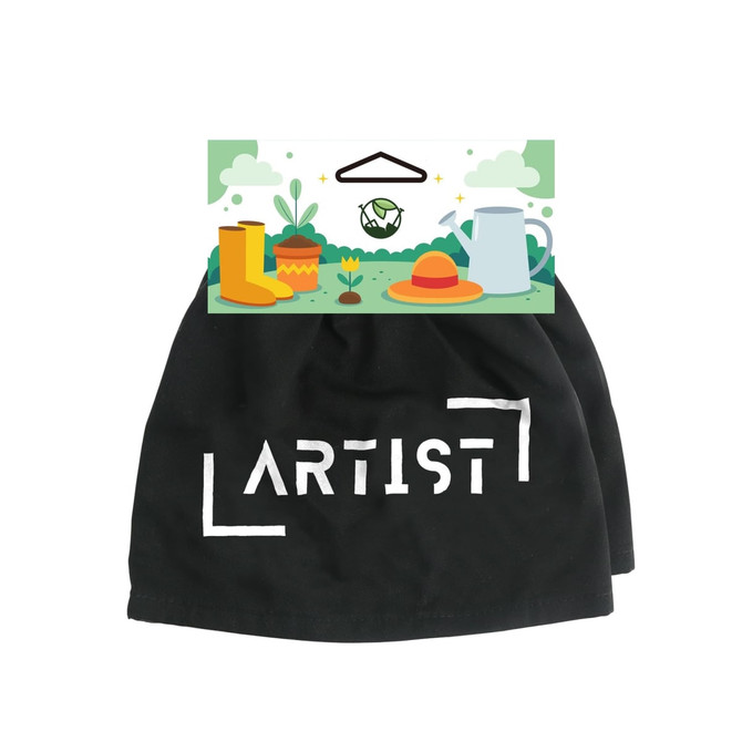 A pair of black boot covers with a tag featuring gardening illustrations and a logo.