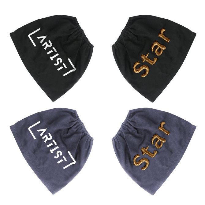 Four boot covers in black and grey, featuring different designs and a logo on each.
