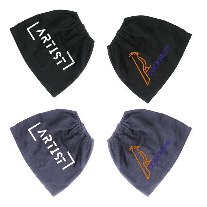 Boot covers in black and grey, featuring logos in white and orange. Four items displayed in two pairs.