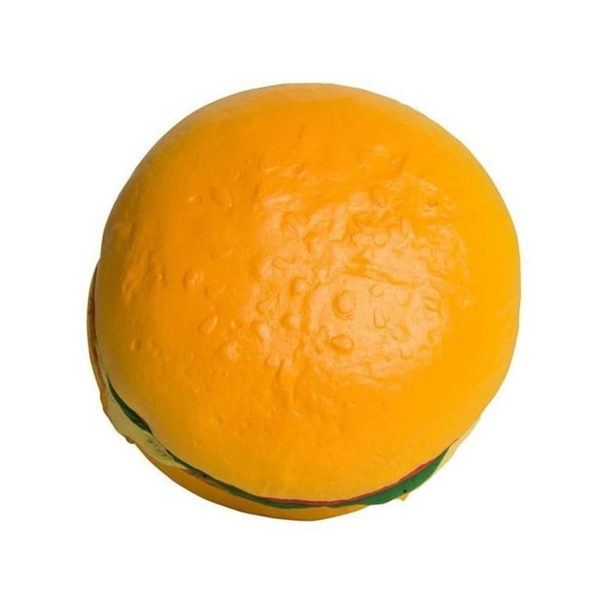 A hamburger-shaped stress reliever in bright yellow with green and red detailing. It has a smooth surface and rounded shape.