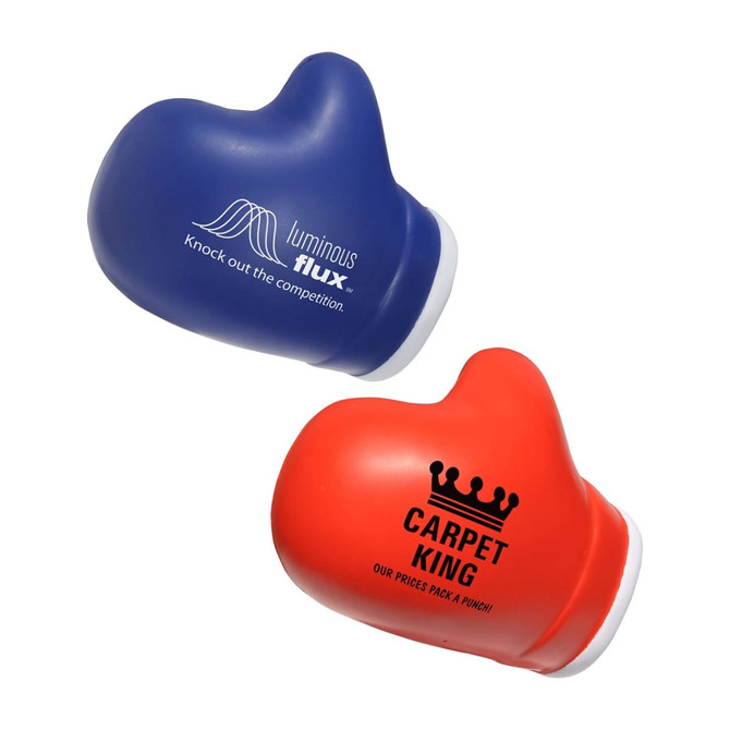 A red and blue boxing glove shape stress reliever with branding.