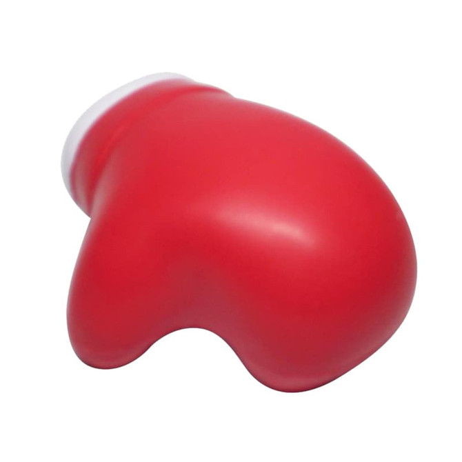 A red boxing glove-shaped stress reliever with a smooth finish and a white cuff. It features a logo.