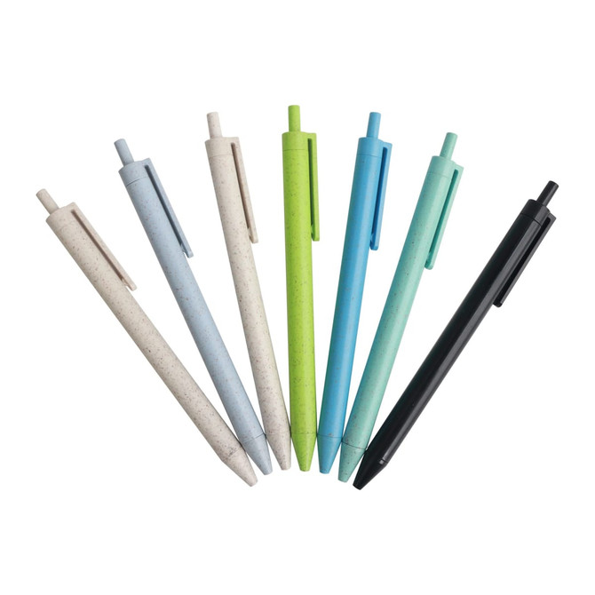 A collection of ballpoint pens in various colours: black, green, light blue, and neutral tones made from wheat straw.