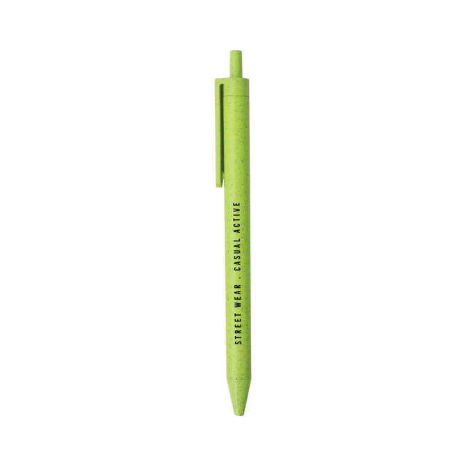 A green ballpoint pen made from wheat straw, featuring a clip and a branding logo.