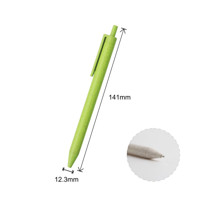 A green Wheat Straw ballpoint pen with a clip, measuring 141mm in length and 12.3mm in width.