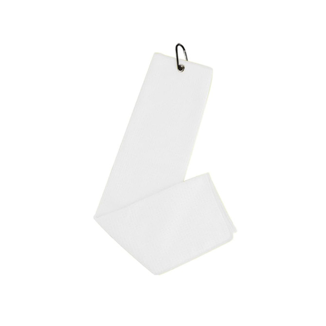 A white waffle golf towel with a metal hook for easy attachment.