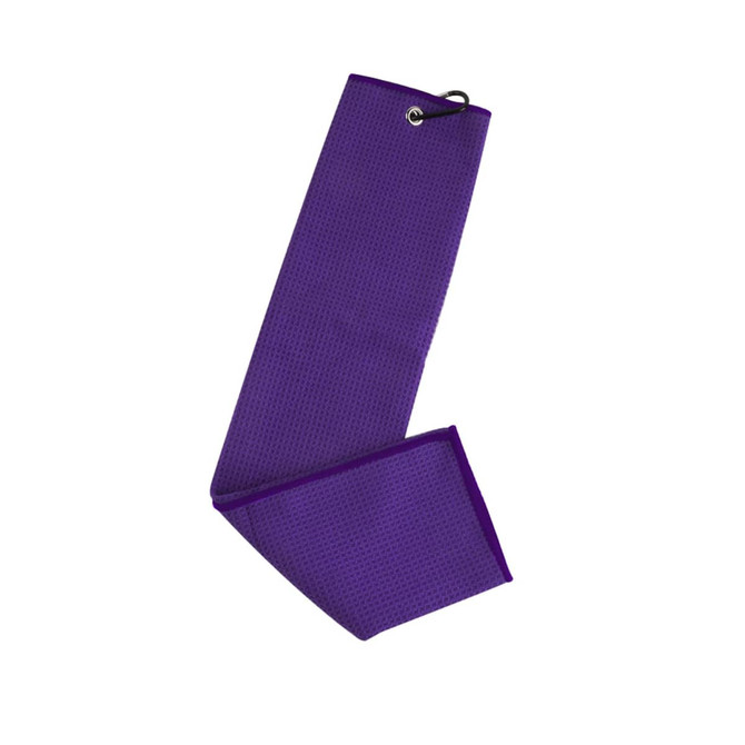 A purple waffle golf towel with a hanging loop and a textured surface. It has a logo on one side.