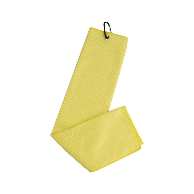 A yellow waffle golf towel with a clip for easy attachment. The towel is textured and folded.