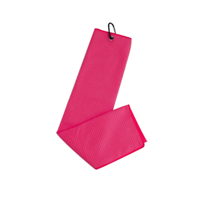 A pink waffle golf towel with a clip for easy attachment, featuring a textured surface.