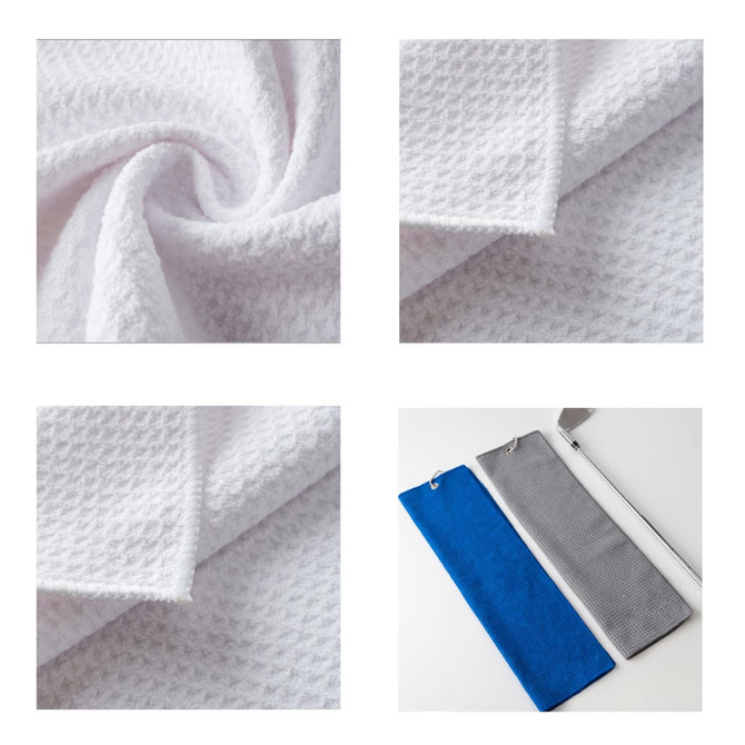 A waffle golf towel in white, featuring a textured pattern, alongside blue and grey version options. Includes branding.