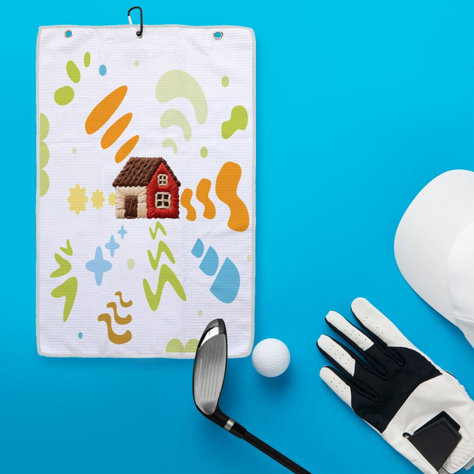 A waffle golf towel in white with colourful patterns, a small house design, and a golf club with a ball beside it.