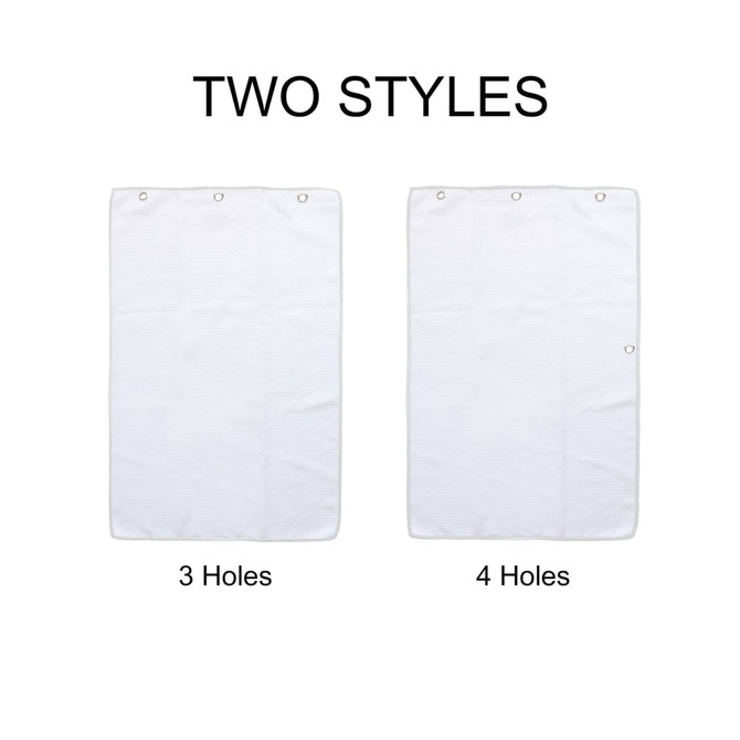 A white waffle golf towel with options for three or four holes, featuring visible grommets and a logo.