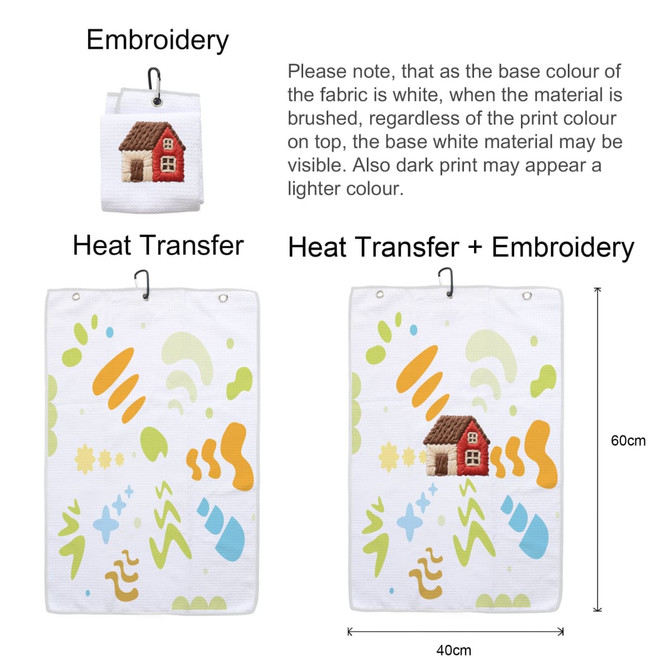 A waffle golf towel featuring a vibrant design with various shapes and colours, predominantly white with colourful prints.