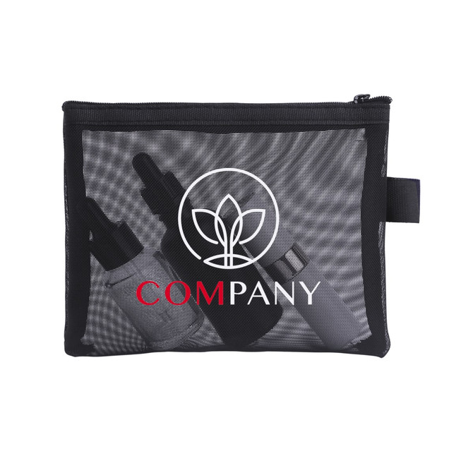 A black nylon mesh flat cosmetic bag with a zip, containing three clear bottles and a logo on the front.