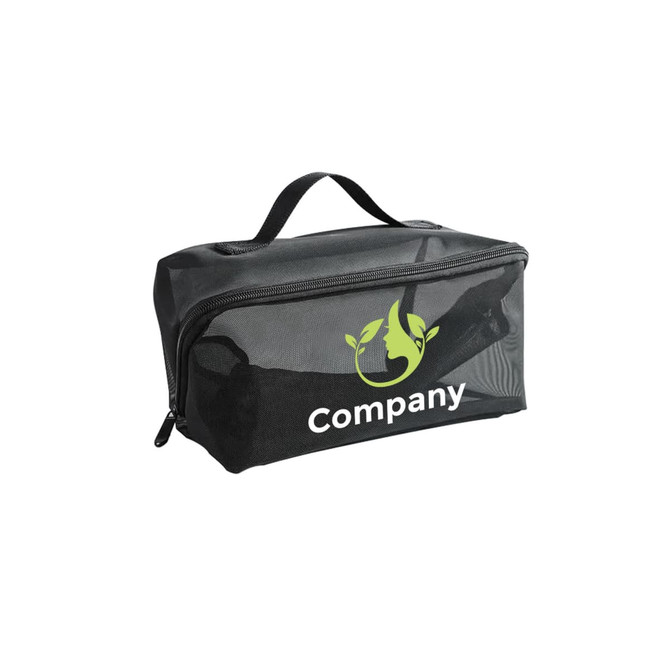 A large capacity black nylon mesh cosmetic bag with a zip closure and a handle, featuring a logo.
