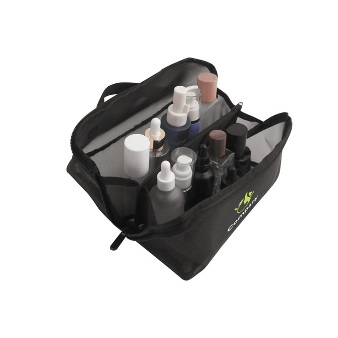 A large capacity black nylon mesh cosmetic bag filled with various bottles and containers for cosmetics or skincare.