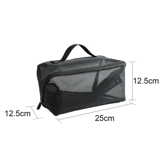 A large black nylon mesh cosmetic bag with dimensions 25cm x 12.5cm x 12.5cm, featuring a handle and a zip closure.