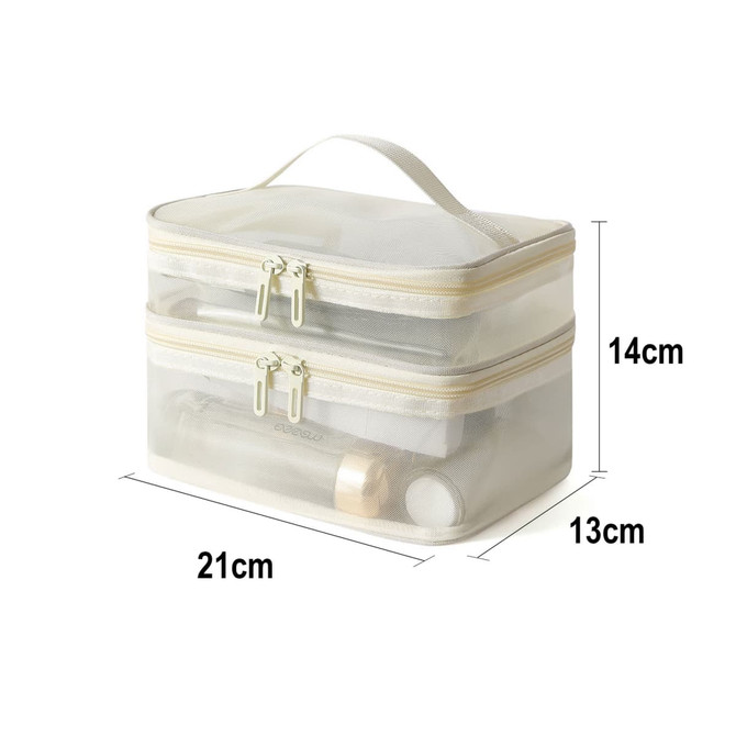 A transparent nylon mesh double-layer cosmetic bag in cream, featuring two zip compartments and a handle.
