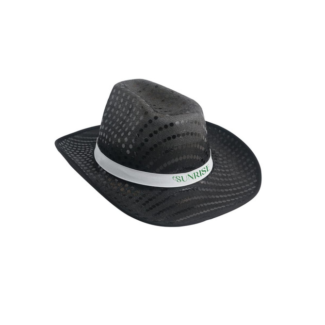 A black sequin cowboy hat with a white band featuring a logo.
