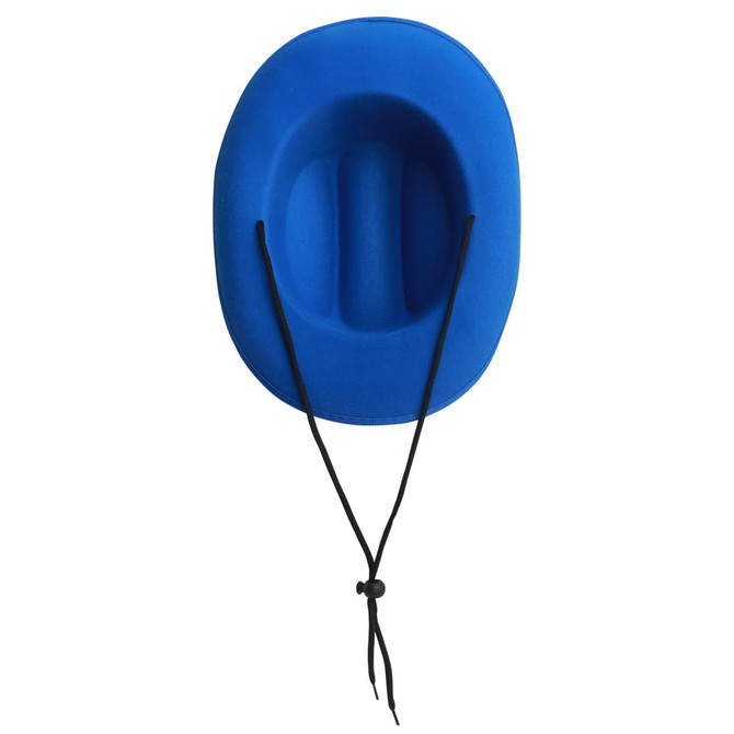A blue cowboy hat with a black chin strap, featuring a smooth, untextured surface.