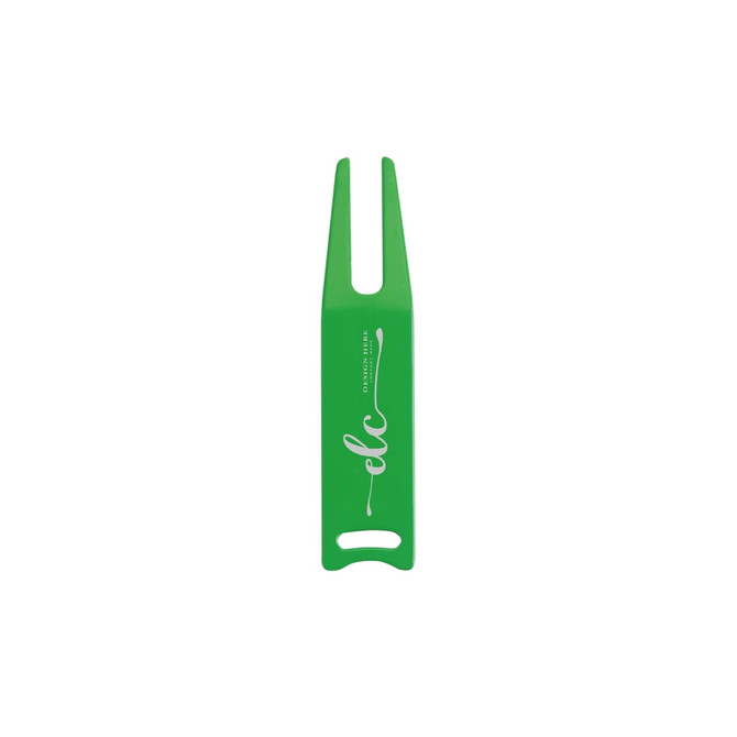 A green golf divot tool with a logo, featuring a forked end and a handle for easy grip.