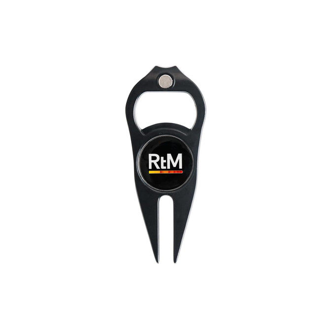 A black golf divot tool featuring a ball marker and bottle opener, with a logo in the centre.