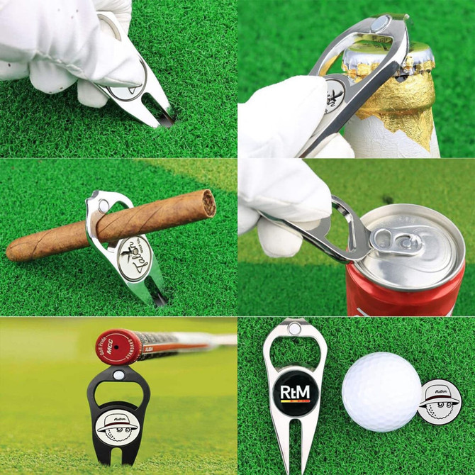 A metal golf divot tool in silver, featuring a ball marker and a bottle opener, set against a green grass background.