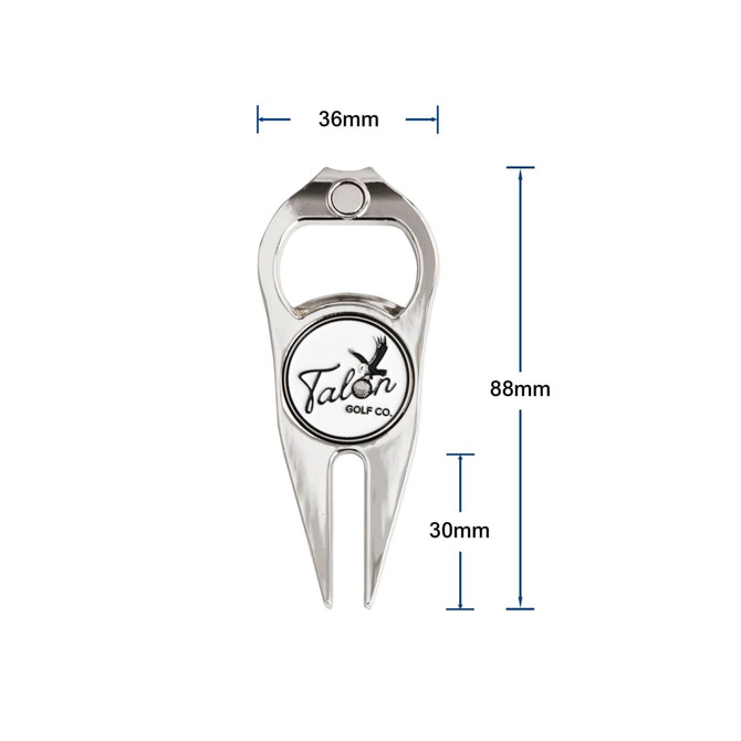 A metallic golf divot tool with a bottle opener, featuring a logo and measuring 88mm by 36mm.