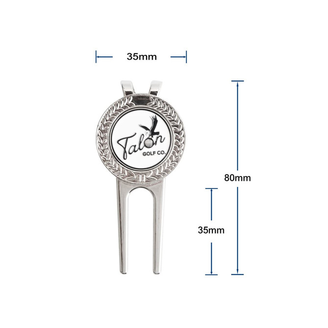 A metal golfers divot repair tool with a circular ball marker, featuring a logo and measuring 80mm by 35mm.