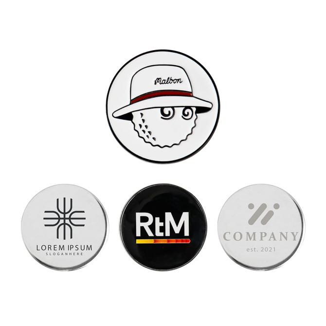 A 25mm golf ball marker set featuring various designs, including a cartoon character and three logoed markers.