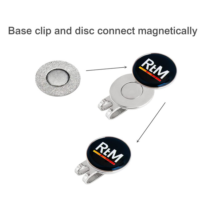 A 25mm golf ball marker featuring a magnetic base clip and disc connection. The marker has a logo and is predominantly black.