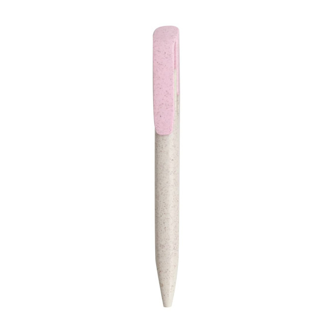 A click pen in white with a pink clip, made from wheat straw, featuring a simple design and a logo.