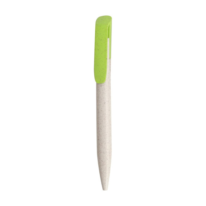 A Wheat Straw Click Pen in light cream with a green clip, featuring a subtle texture and a branding logo.