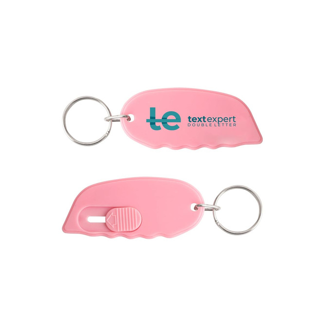 A pink mini cutter keyring featuring a silver keyring attachment and a logo. A pink mini cutter keyring featuring a silver keyring attachment and a logo.