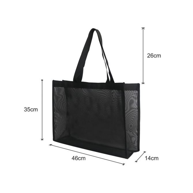 A black transparent mesh tote bag with dimensions displayed, featuring sturdy handles and an open design.