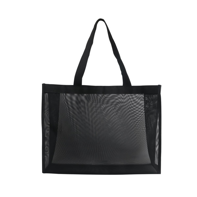 A black transparent mesh tote bag with a rectangular shape and two sturdy handles.