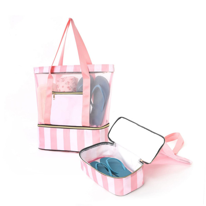 A pink and white striped mesh beach tote bag with a removable storage pouch and flip-flops inside.