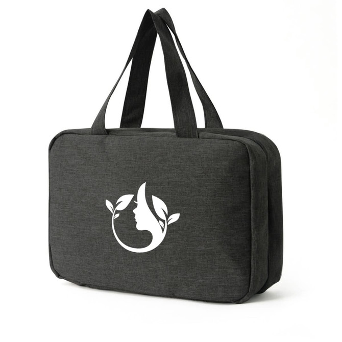 A grey large capacity hanging toiletry bag with two handles and a logo on the front.