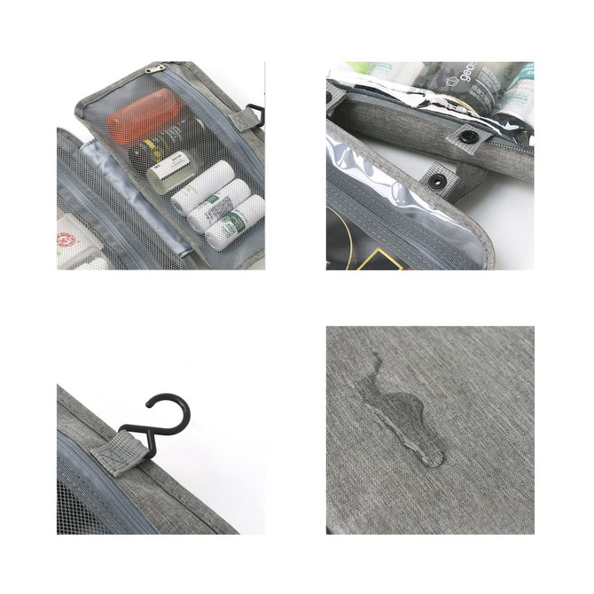 A grey hanging toiletry bag with multiple compartments, transparent mesh pockets, and a hook for easy hanging.