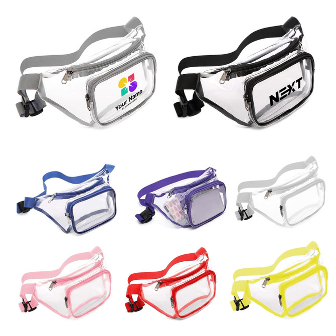 A collection of eight clear fanny packs in various colours, featuring different designs and a logo on some. A collection of eight clear fanny packs in various colours, featuring different designs and a logo on some.