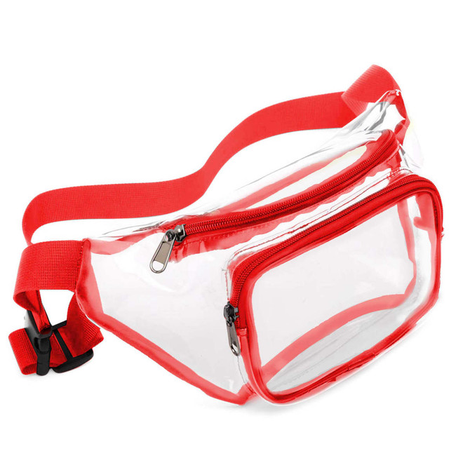 A clear fanny pack with red accents and a single zipper compartment. It features an adjustable strap. A clear fanny pack with red accents and a single zipper compartment. It features an adjustable strap.