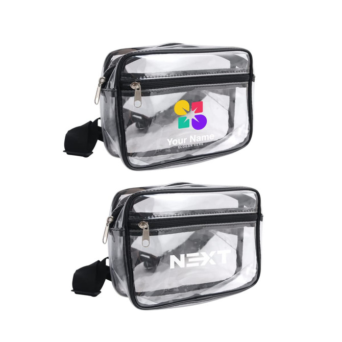 A clear fanny pack with a black zip and adjustable strap, featuring a logo on the front. A clear fanny pack with a black zip and adjustable strap, featuring a logo on the front.
