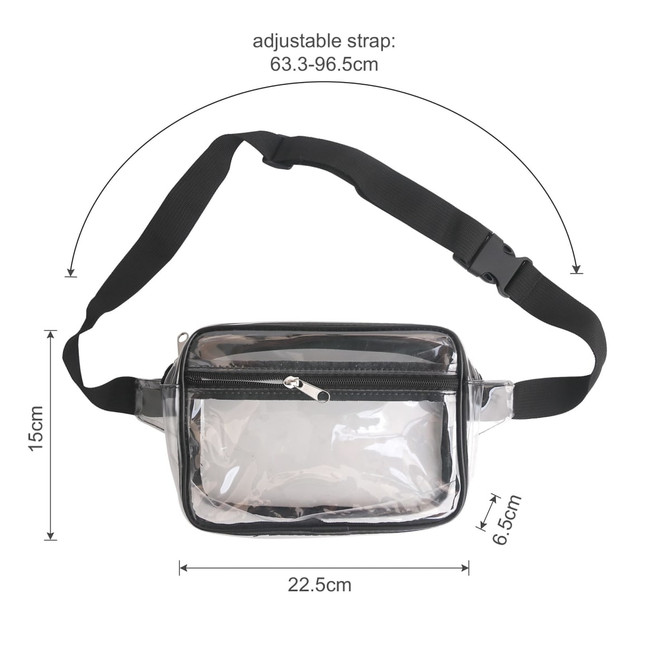A clear fanny pack with a black adjustable strap, featuring a main compartment and a front zip pocket. A clear fanny pack with a black adjustable strap, featuring a main compartment and a front zip pocket.